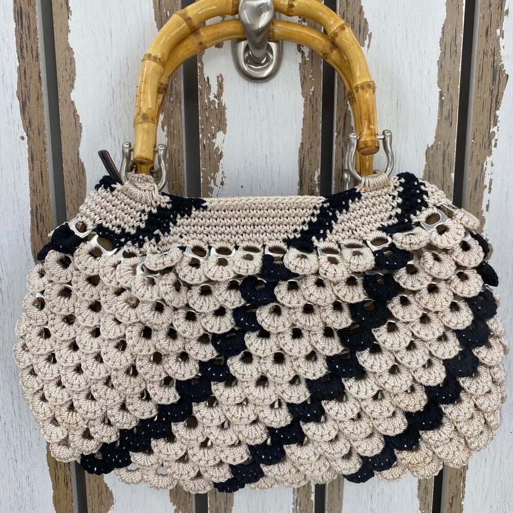 Handmade Crocheted Aluminum Soda Pop Top Bamboo Handles Purse Handbag Tan Black